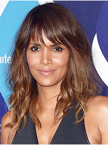 Synthetic Capless With Bangs Shoulder Length 14" Brown Durable Halle Berry Wigs