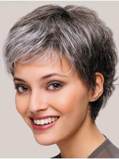 Short 8" Monofilament Synthetic Womens Grey Wigs