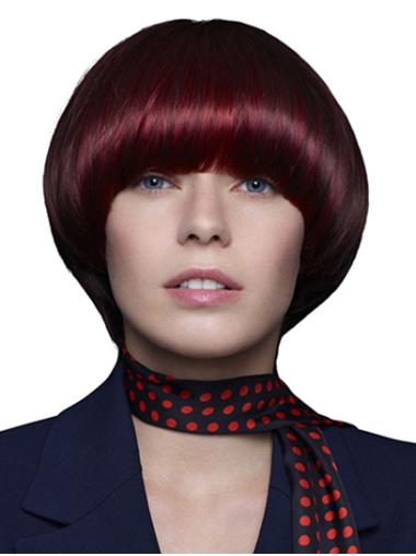 100% Hand-tied Red Chin Length Straight Remy Human Hair Wigs Bobs