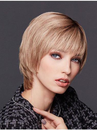 10" Straight Blonde With Bangs Chin Length Ladies Monofilament Wigs