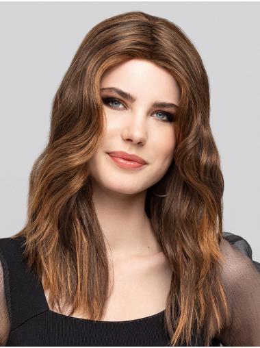 16" Wavy Brown With Highlights Without Bangs Monofilament Long Wigs For Women