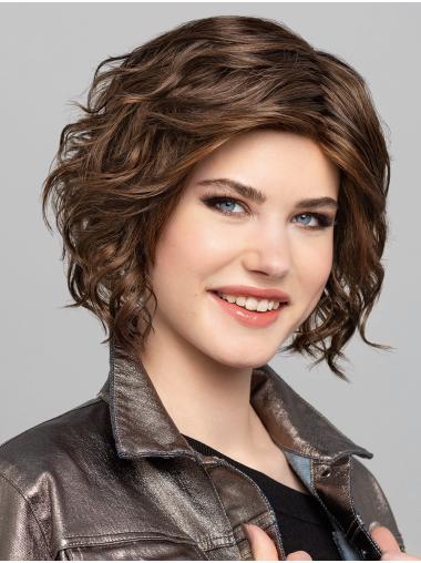 Chin Length Monofilament Synthetic Curly Brown With Highlights Sleek Lace Wigs