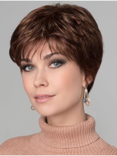 6" Straight Brown With Highlights Layered Monofilament Top Short Wigs
