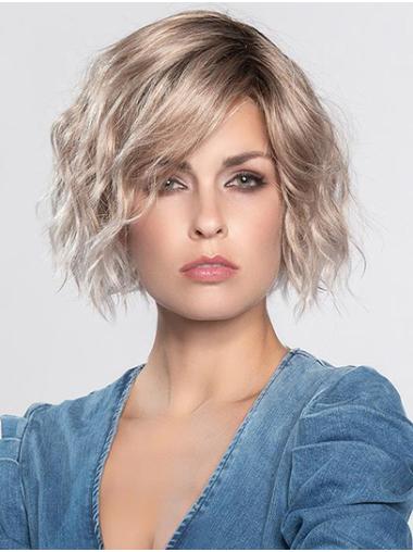 Chin Length Monofilament Platinum Blonde Curly Without Bangs Durable Synthetic Wigs