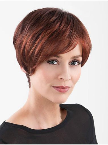 Short 100% Hand-tied Red Straight With Bangs Synthetic Wigs For Women