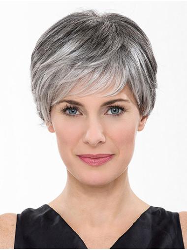 Short 100% Hand-tied Grey Straight With Bangs Synthetic Wigs Women