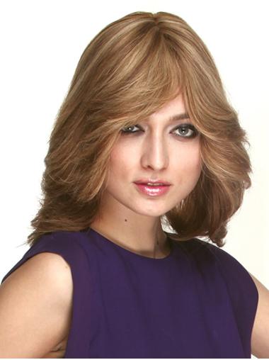 Shoulder Length Brown Wavy With Bangs Remy Human Hair 14" Monofilament Wig