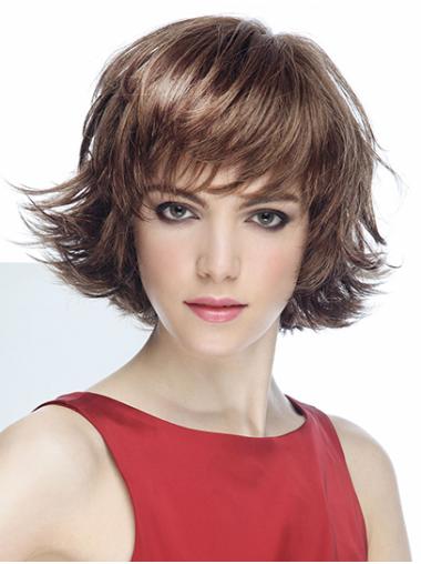 Short Brown Wavy With Bangs Synthetic 8" Mono Wigs