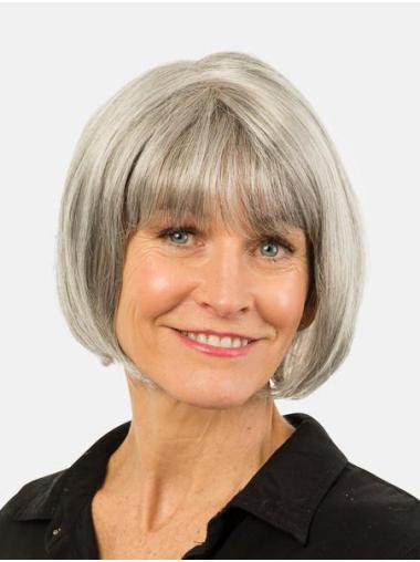 Straight Remy Human Hair Chin Length Grey Bobs 10" Best Hand Tied Wigs
