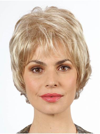 Chin Length Wavy 10" Platinum Blonde With Bangs Synthetic Mono Wig