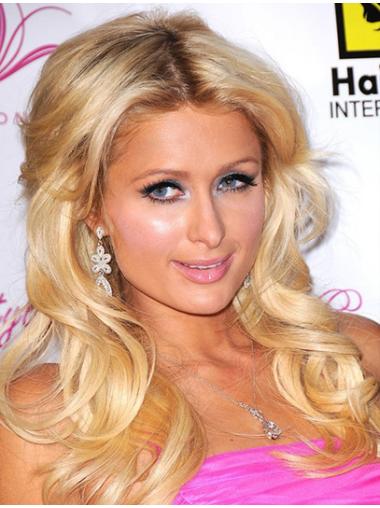 100% Hand-Tied Without Bangs Affordable Paris Hilton Human Hair Wavy Blond Long Wigs