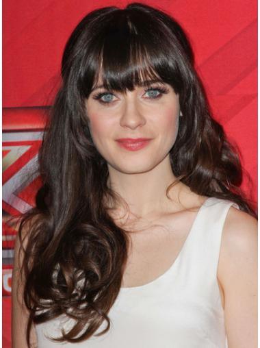Long Brown Discount Zooey Deschanel Curly Wig With Bangs Human Hair