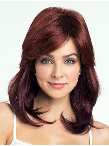 Shoulder Length Wavy Red Medium Wig With Bangs