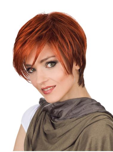 Monofilament Red With Bangs Short Discount Real Looking Synthetic Wigs