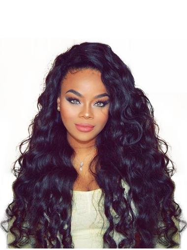 Suitable Black Without Bangs 20 Inches 360 Lace Wig Human Hair