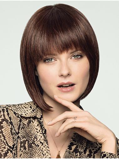 Brown Chin Length Straight 10" 100% Hand-tied Bob Style Wig