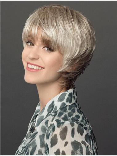 Short Straight 8" Platinum Blonde Layered Synthetic Wigs Women