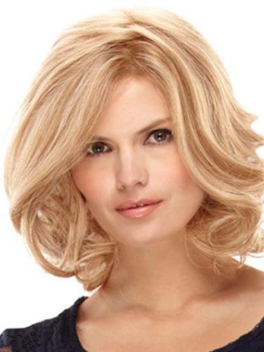 Fashionable Layered Blonde Curly Human Hair Wigs Shoulder Length