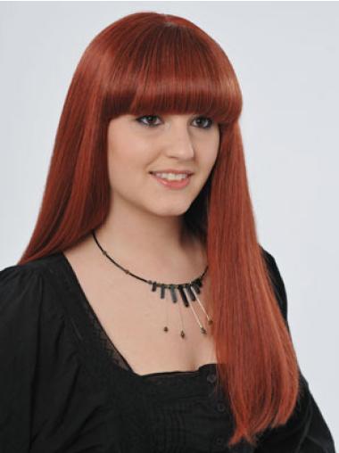 Long Red With Bangs Trendy Red Human Hair Hand Tied Wigs