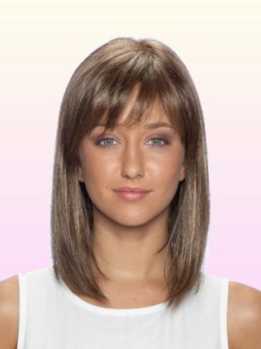 Shoulder Length Brown With Bangs Classy Indian Remy Human Hair Wigs