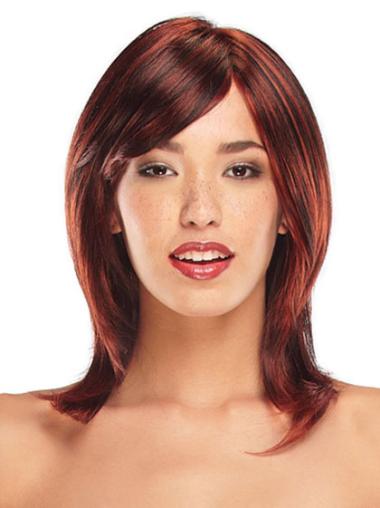 Straight Shoulder Length Layered Red Synthetic Lace Front Wig