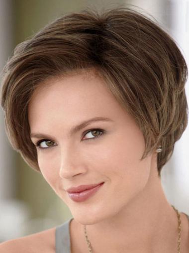 Straight Short Without Bangs Comfortable Remy Brown Human Hair Lace Wigs