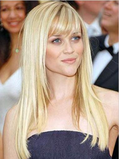 Comfortable 100% Hand-Tied Long Straight Human Hair Blonde Wigs With Bangs