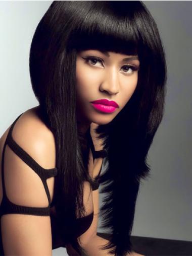 Convenient Lace Front Long Straight Nicki Minaj Human Hair Black Wig With Bangs