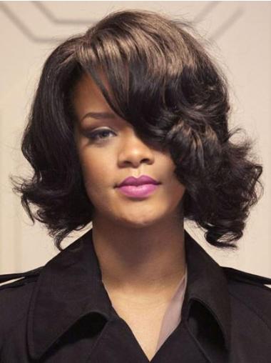 12" Lace Front Brown Shoulder Length Flexibility Rihanna Human Remy Hair Wigs With Bangs
