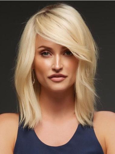 Blonde 14" Wavy Shoulder Length Monofilament Layered Human Hair Wigs