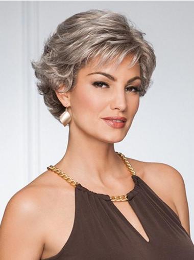 Capless Synthetic Cropped Curly 5" Discount Grey Wigs