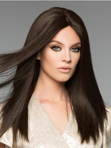 Black 16" Straight Long Monofilament Without Bangs Human Hair Wigs