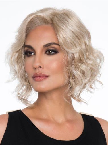 Synthetic Without Bangs 12" Chin Length Curly Platinum Blonde Mono Wigs