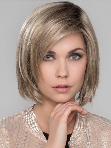 Synthetic With Bangs 10" Chin Length Straight Platinum Blonde Mono Wigs