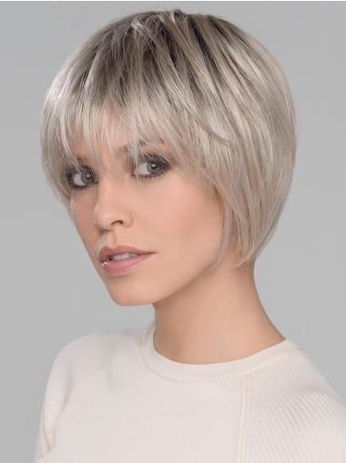 With Bangs Short Straight Platinum Blonde 6" Synthetic Mono Wigs