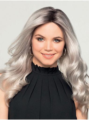 Discount Without Bangs Synthetic Long Wavy Monofilament Grey Wigs