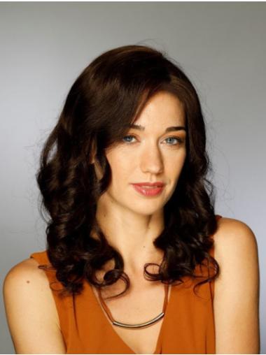 Brown Without Bangs Sleek 100% Hand-tied Curly Long Human Hair Wigs