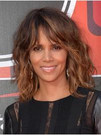 Synthetic Lace Front With Bangs Shoulder Length 14" Brown Fashionable Halle Berry Wigs