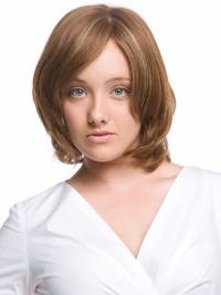 Chin Length Brown Flexibility Wavy Human Hair Wigs With Bangs
