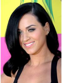 Online 14" Lace Front Layered Shoulder Length Katy Perry Human Hair Wavy Black Wigs